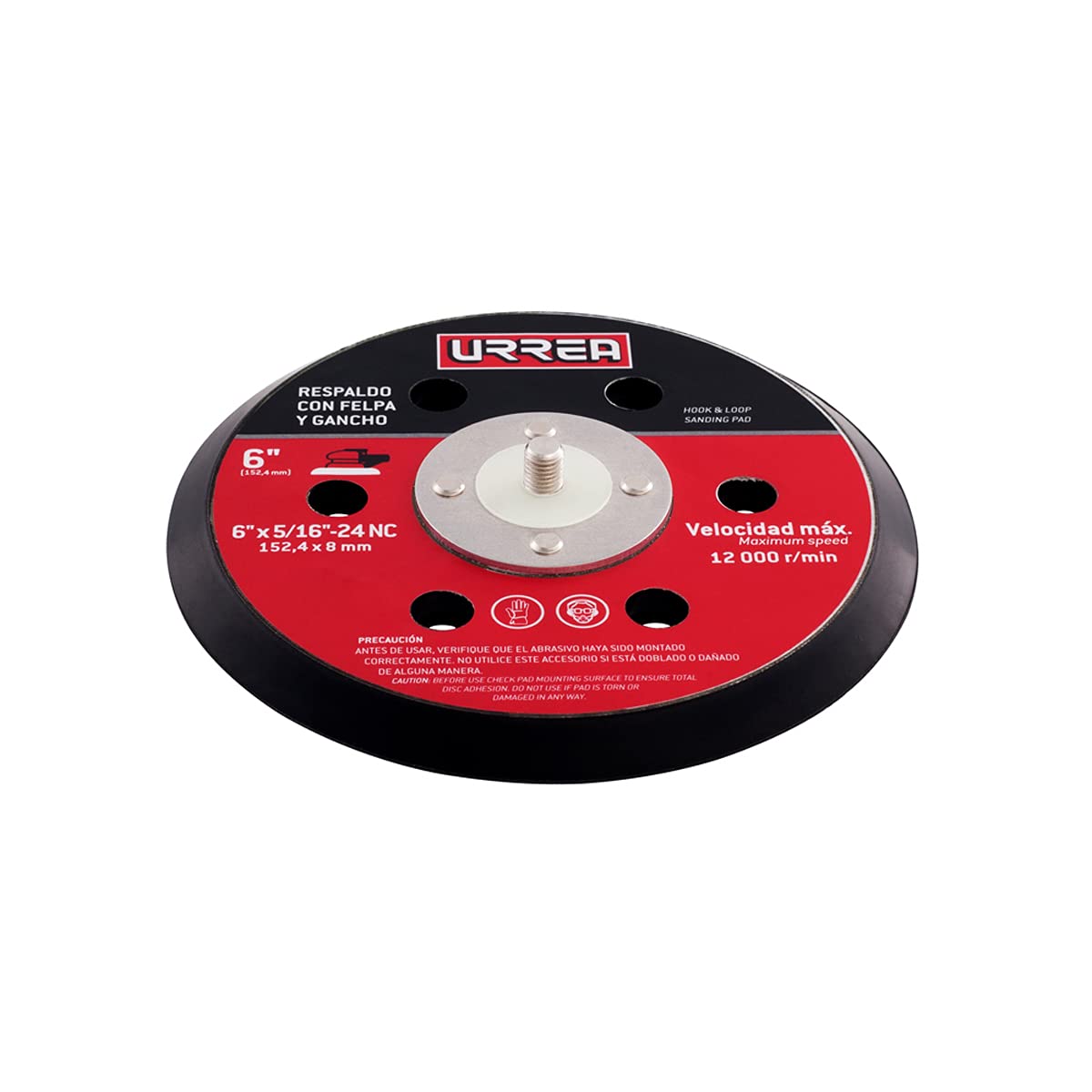 Urrea Respaldo para lijadora UP861A de 6" de diámetro, rosca de 5/16"-24, con cara adhesión por gancho y felpa (hook & loop), 6 orificios de aspiración y velocidad máxima de 12000 rpm.