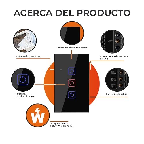 Tecnolite Connect - Apagador Inteligente Táctil WiFi 3 Circuitos, Sin Cable Neutro, Compatible con App móvil, Alexa, Google y Siri, Interruptor Inteligente