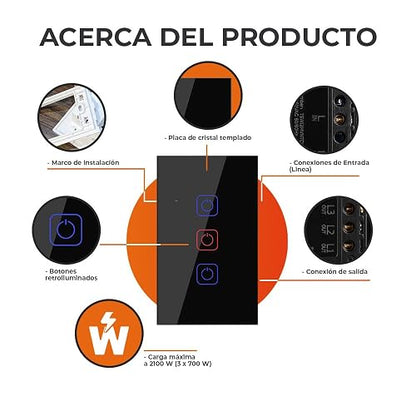 Tecnolite Connect - Apagador Inteligente Táctil WiFi 3 Circuitos, Sin Cable Neutro, Compatible con App móvil, Alexa, Google y Siri, Interruptor Inteligente
