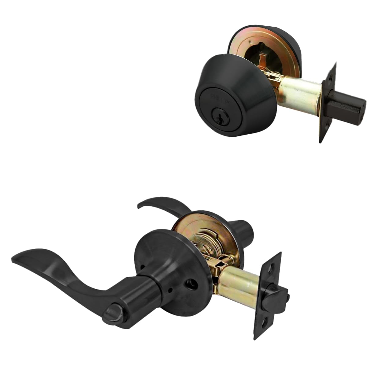 Phillips Combo Cerrojo/Manija Nogal Alta Seguridad Para Entrada LLave-Mariposa Negro