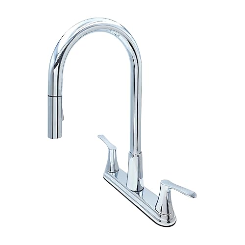 URREA Mezcladora de Latón de 8" para Cocina con Nariz Retráctil, Manerales Tipo Palanca, Compatible con Cartucho de 1/4 de Vuelta, Acabado Cromo, 9338