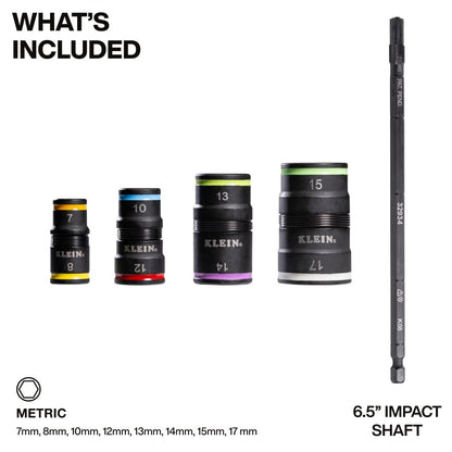 Klein Tools 32934M driver de impacto, juego de enchufes métricos 8 en 1, 4 enchufes giratorios con 7, 8, 10, 12, 13, 14, 15 y 17 mm, tamaño de destornillador de tuerca con clasificación de impacto de