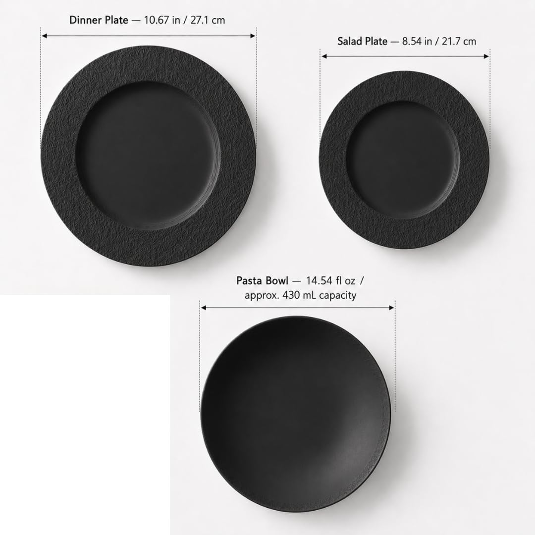 Villeroy & Boch Manufacture Rock Juego de Vajilla | 12 piezas, servicio para 4, platos de cena, platos de ensalada, cuencos de pasta, porcelana, negro mate, hecho en Alemania