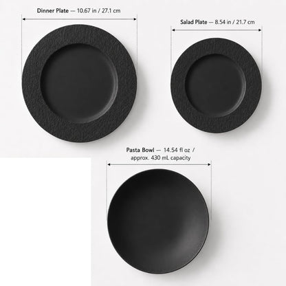 Villeroy & Boch Manufacture Rock Juego de Vajilla | 12 piezas, servicio para 4, platos de cena, platos de ensalada, cuencos de pasta, porcelana, negro mate, hecho en Alemania