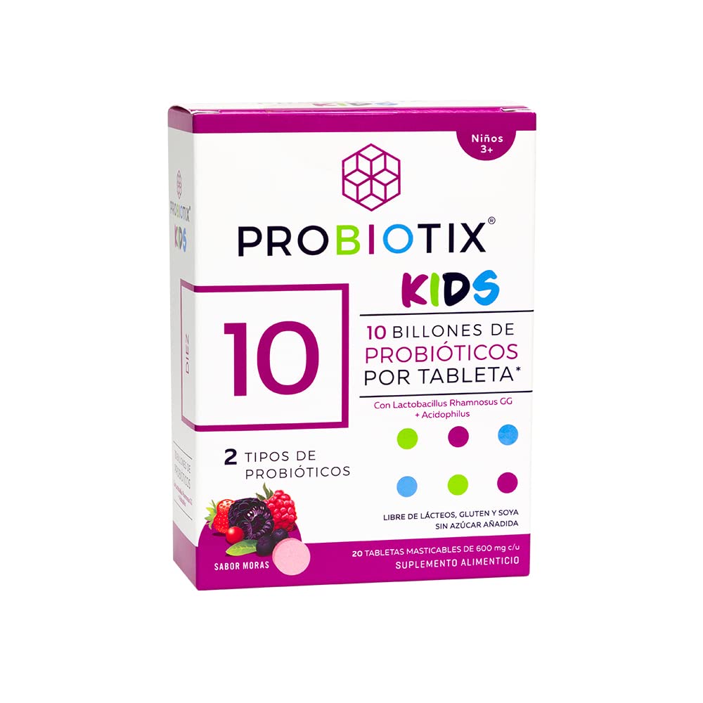 PROBIOTIX KIDS, 10 Billones de Probióticos, Tabletas Masticables Sabor Moras, Equilibra el Sistema Digestivo