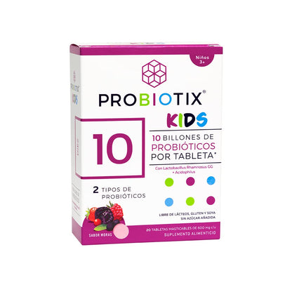 PROBIOTIX KIDS, 10 Billones de Probióticos, Tabletas Masticables Sabor Moras, Equilibra el Sistema Digestivo