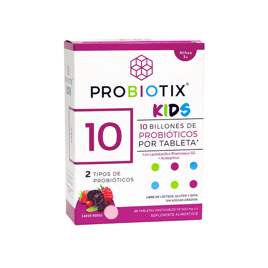 PROBIOTIX KIDS, 10 Billones de Probióticos, Tabletas Masticables Sabor Moras, Equilibra el Sistema Digestivo