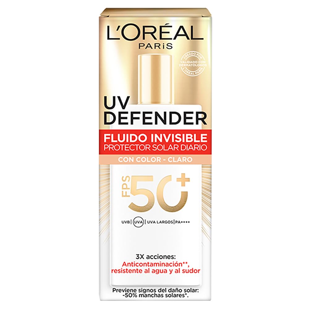 L'Oréal Paris Protector solar facial FPS50+ UV Defender Fluido Invisible Tono Claro, 40ml - Protección solar facial ultra ligero, -50% manchas y -30% arrugas debidas al sol, con Ácido Hialurónico