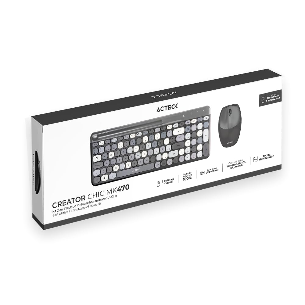 Creator Chic Colors MK470, Combo Teclado y Mouse Inalámbrico, Diseño Vanguardista, Teclado 100% con Teclas de Membrana, Mouse Ergonómico 1600 dpi, 2.4 MHz, Incluye Baterías AAA y AA (Negro)