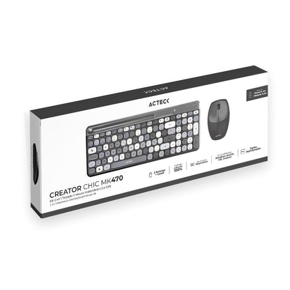 Creator Chic Colors MK470, Combo Teclado y Mouse Inalámbrico, Diseño Vanguardista, Teclado 100% con Teclas de Membrana, Mouse Ergonómico 1600 dpi, 2.4 MHz, Incluye Baterías AAA y AA (Negro)