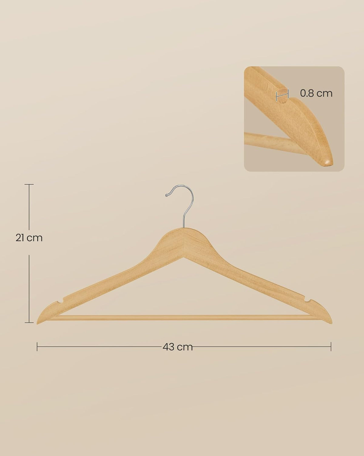 SONGMICS Perchas de Madera, Juego de 30, Delgada, Muescas en Hombros, para Pantalones, Gancho Giratorio 360°, Ahorra Espacio, Beige Natural MCRW030K01