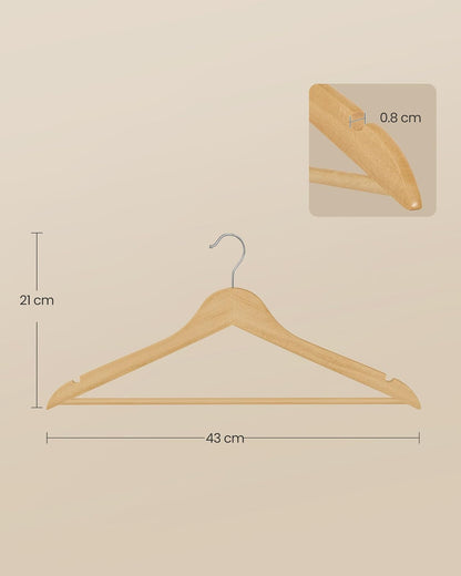 SONGMICS Perchas de Madera, Juego de 30, Delgada, Muescas en Hombros, para Pantalones, Gancho Giratorio 360°, Ahorra Espacio, Beige Natural MCRW030K01