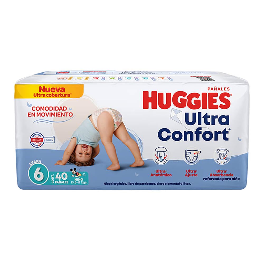 Huggies UltraConfort Pañal Desechable para Bebé, Etapa 6 Niño, Paquete con 40 Piezas, Ideal para niños de más de 13.5 kg