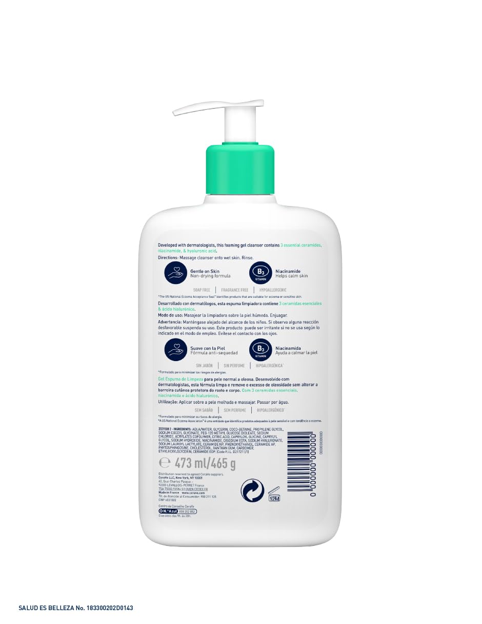 CeraVe Gel Limpiador Espumoso para Piel Normal a Grasa con Ceramidas Esenciales, Niacinamida y Ácido Hialurónico que Protege e Hidrata la Barrera Natural de la Piel, 473ml