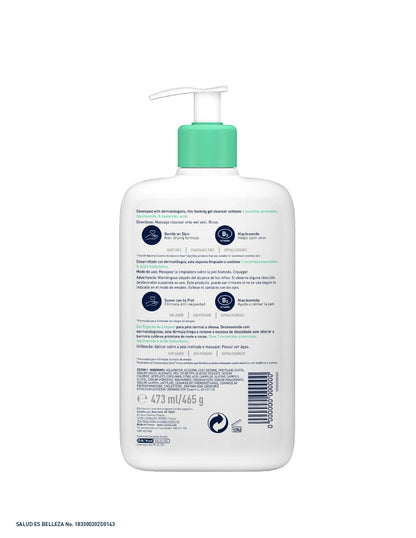 CeraVe Gel Limpiador Espumoso para Piel Normal a Grasa con Ceramidas Esenciales, Niacinamida y Ácido Hialurónico que Protege e Hidrata la Barrera Natural de la Piel, 473ml
