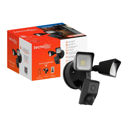 Tecnolite Connect - Cámara de Seguridad Exterior WiFi con Lámpara LED 25 W Dirigible, Visión Nocturna, Sensor de Movimiento, Compatible con App móvil, Alexa, Google y Siri, Visión Nocturna, Monitoreo