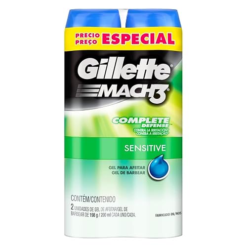 GILLETTE Mach3 Sensitive, Gel para Afeitar Piel Sensible de 400mL, para Rasurar Barba con Rastrillo para Hombre, Protege la Piel contra la Irritación