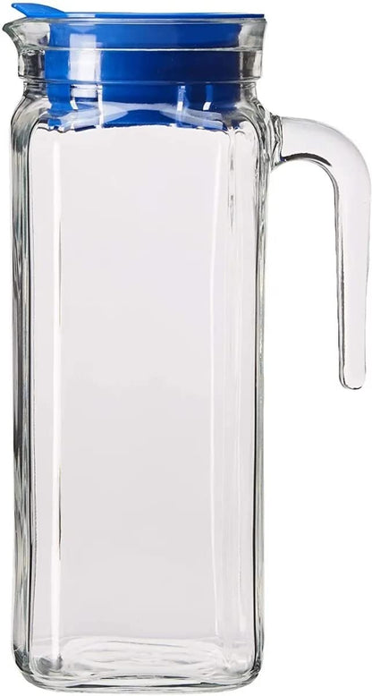 Borgonovo - JIgloo Quadra | Jarra vidrio con tapa 1L | Anti goteo | Tapa azul y asa | Cristalería Italiana para bebidas frías y calientes | Ideal para Refrigerador (Aqcua)