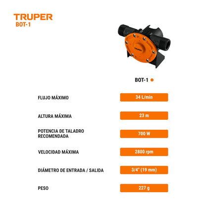 Truper BOT-1, Bomba autocebante para uso con taladro compatible con los broqueros comunes