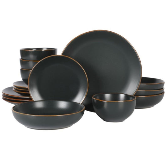 Gibson Home Hazeltine - Juego de vajilla de cerámica negra de 16 piezas, platos y cuencos, juego de cena de cocina de cerámica duradera