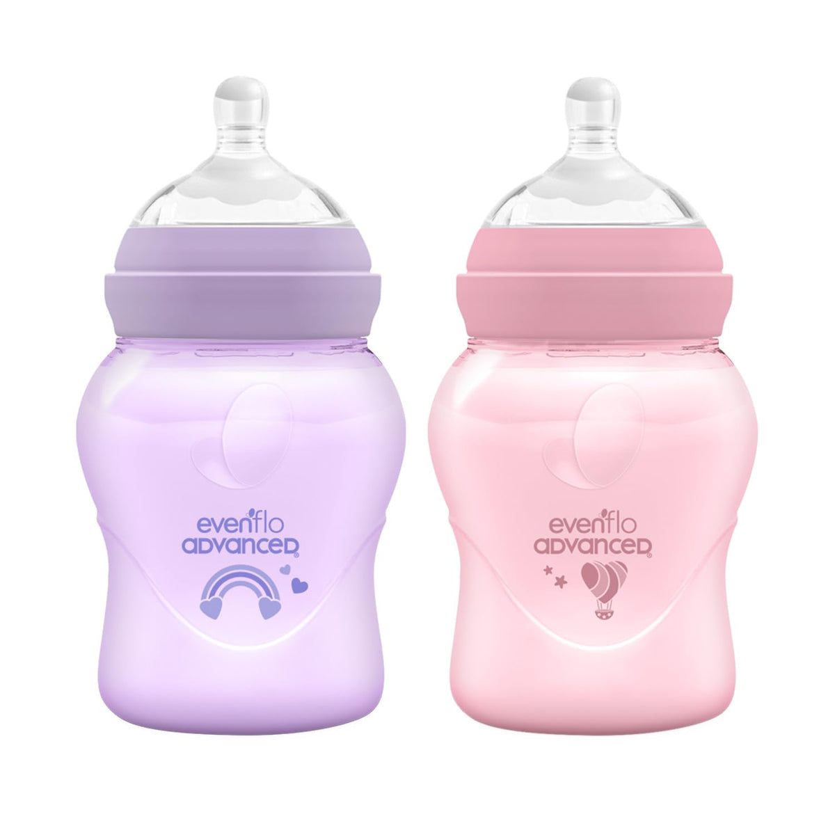 Evenflo Advanced Biberón Anticólicos Avanzado, Cuello Ancho, Rosa y Lila, Silicón Grado Alimenticio, 150ml, Sistema Doble Válvula, Flujo Lento, para Bebés 0-3 Meses, Paquete de 2 Piezas