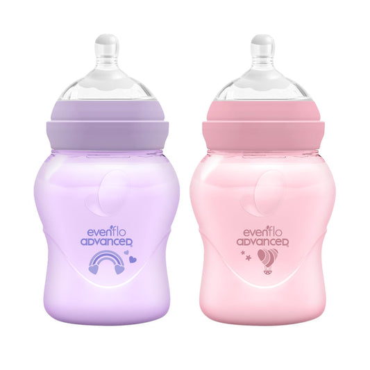 Evenflo Advanced Biberón Anticólicos Avanzado, Cuello Ancho, Rosa y Lila, Silicón Grado Alimenticio, 150ml, Sistema Doble Válvula, Flujo Lento, para Bebés 0-3 Meses, Paquete de 2 Piezas