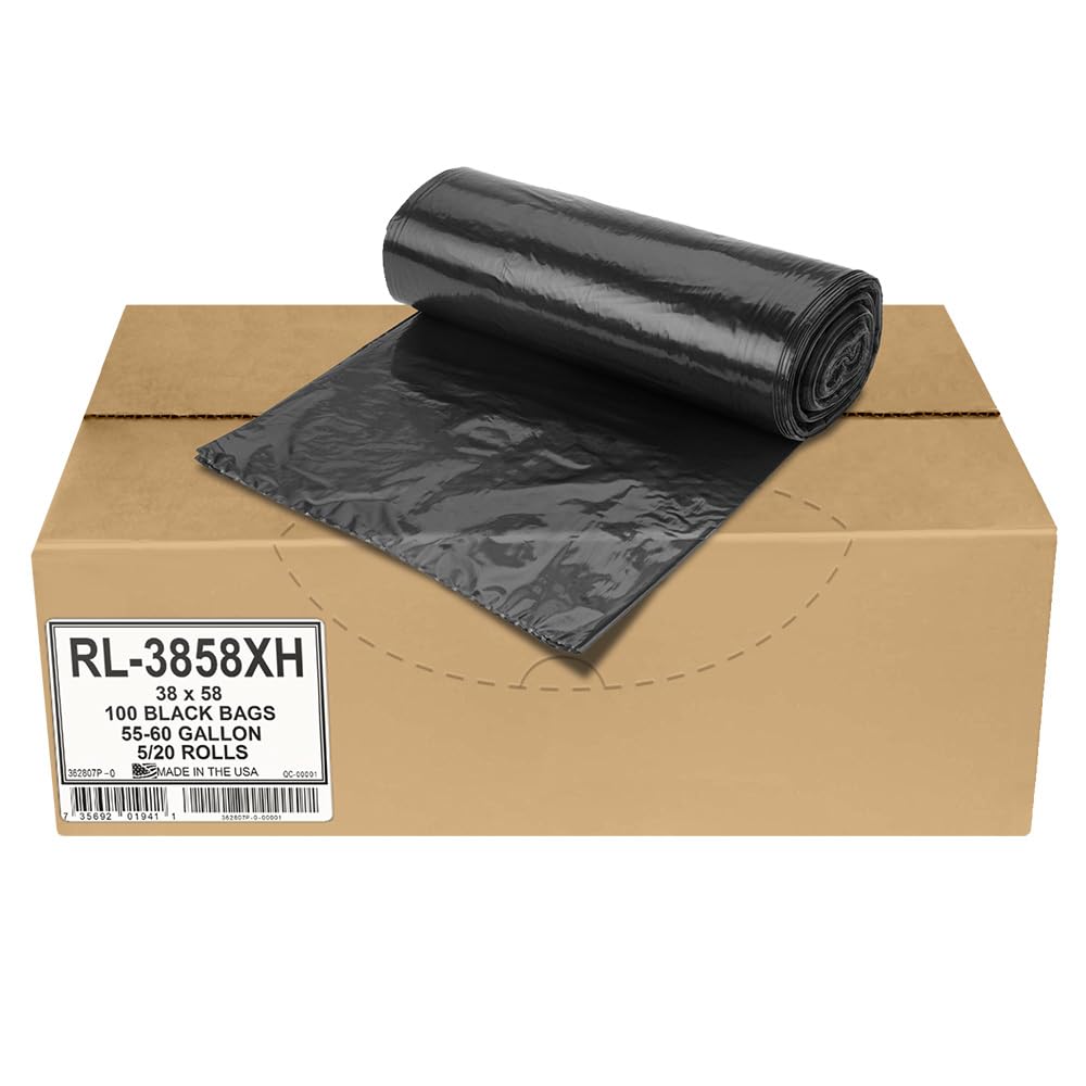 Aluf Plastics - RL-3858XH 55 Gallon Trash Can Liners (100 Count) - 38" x 58" - Thick 1.5 MIL Equivalent Black Trash Bags for Bathroom, Kitchen, Office, Industrial, Commercial, Recycling and More