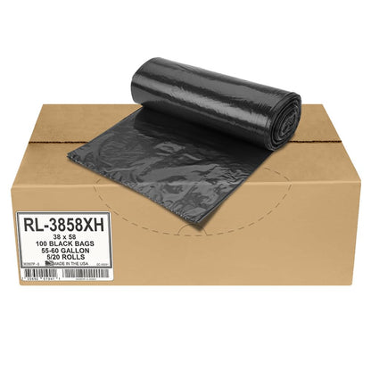 Aluf Plastics - RL-3858XH 55 Gallon Trash Can Liners (100 Count) - 38" x 58" - Thick 1.5 MIL Equivalent Black Trash Bags for Bathroom, Kitchen, Office, Industrial, Commercial, Recycling and More