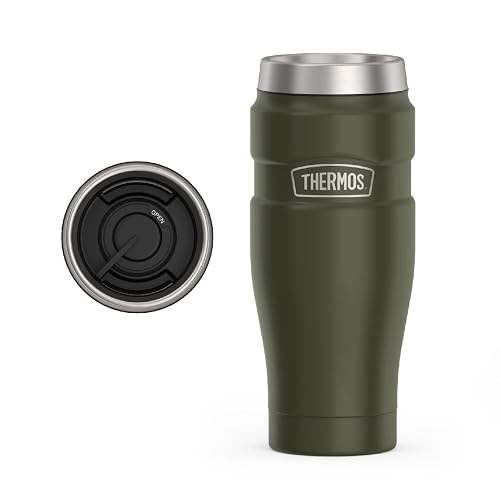 Thermos Staineless Steel King 16 Ounce Travel Tumbler, Army Green | Vaso de café aislado al aspiradora para bebidas calientes y frías, para viajes y viajes