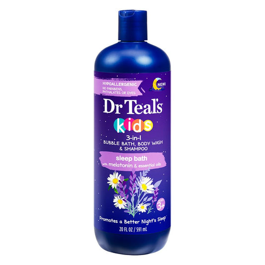Dr Teal's Kids 3 en 1: Baño de Burbujas, Body Wash & Shampoo con Melatonina y Aceites Escenciales, 20 fl oz