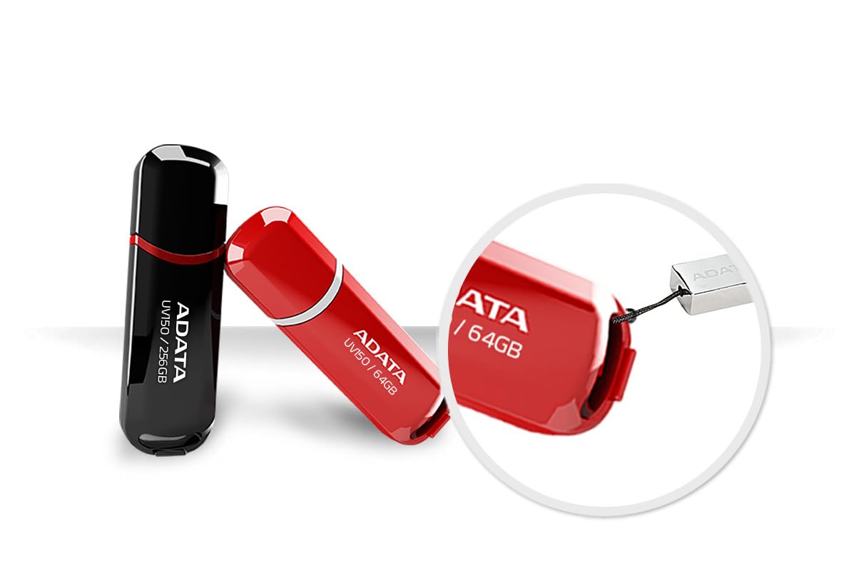 ADATA 64 GB Memoria Flash USB 3.0 con Tapa Color Negro con Rojo (Modelo UV150)