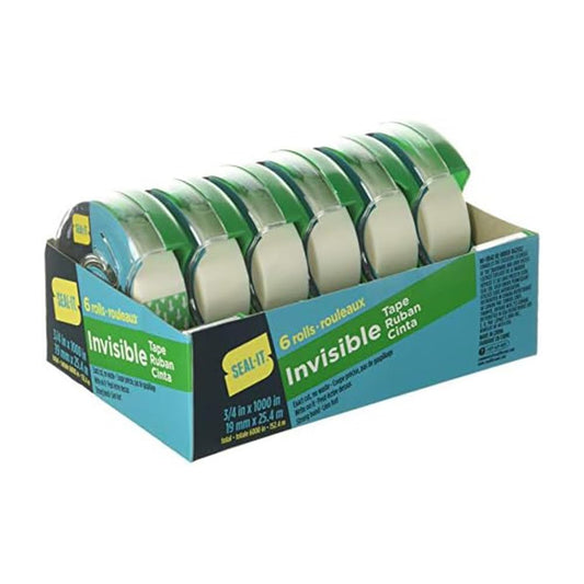 Seal-It Invisible Stationery Tape 3/4 x 1000 Inches On Press N' Cut Dispenser, Pack of 6 Total 6000 Inches