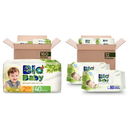 Bio Baby Pañales, Talla Chica/2, 160 Pañales + Toallitas Húmeda, 12 paquetes con 80 piezas, 960 toallitas