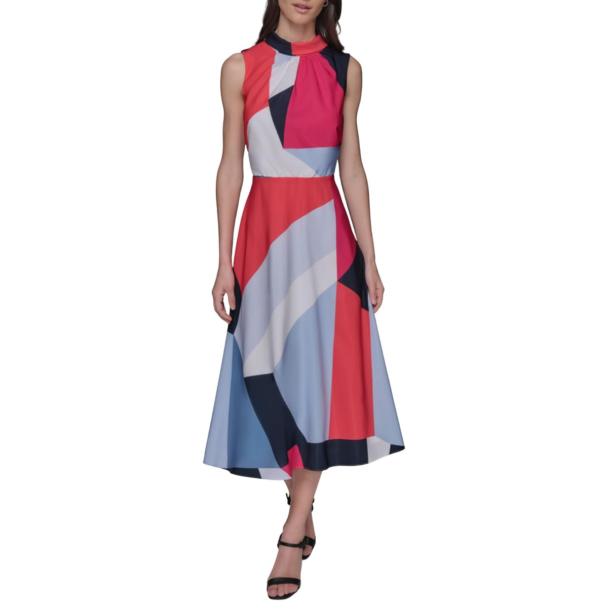 KARL LAGERFELD Mock Neck Patterned Contrasting Colors Midi Dress Vestido Mujer