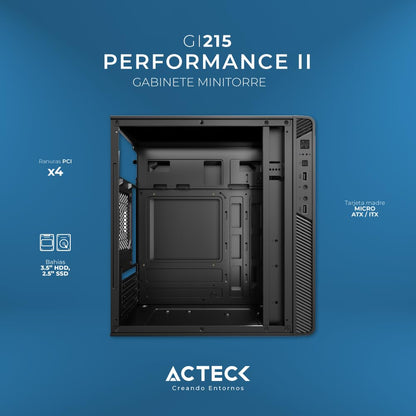 Acteck Gabinete Micro Torre Performance II GI215 / MAX MB M-ATX Fuente ATX Plus 500w / 2xUSB 2.0 / Full Metalico + Frente Solido/Negro