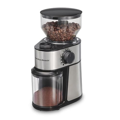 Hamilton Beach Molinillo de café eléctrico con tolva grande de 16 onzas y 18 ajustes para 2-14 tazas, acero inoxidable (80385)