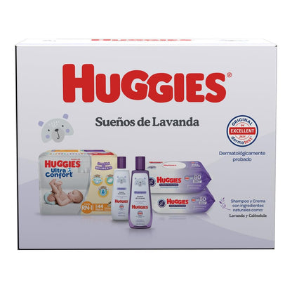 HUGGIES Baby Set Sueños de Lavanda, Caja con 1 Paquete de Huggies UltraConfort RN-1 de 44 pzs, 2 Paquetes Toallitas Húmedas Humectante 80’s, 1 Crema HUGGIES Lavanda 250ml y 1 Shampoo Lavanda 250ml