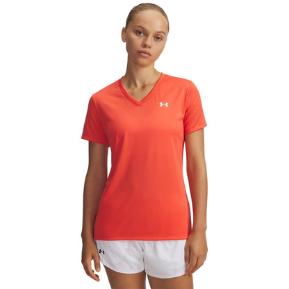 Under Armour Tech Playera Manga Corta Cuello en V Mujer - (690) Venom Red - White - M