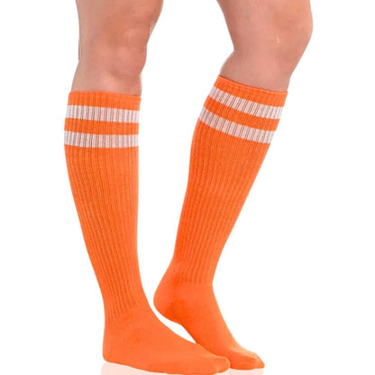 Standard Knee High Socks with White Stripes Sports Costume Party Apparel, Orange, Fabric, 19".