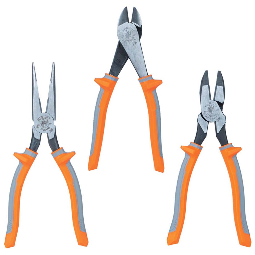 Klein Tools 1005RINS - Alicates aislados, fabricados en Estados Unidos, herramienta de corte y prensado para cables y conectores aislados y no aislados de 10 a 22 AWG, nominal de 1000 V - 3 piezas - Kit de 3 piezas