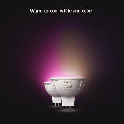 Philips Hue 2 Focos Inteligentes MR16 GU5.3, Luz Multicolor, 12V AC, (Requieren Transformador Compatible, No Conectar Directamente a 127V)