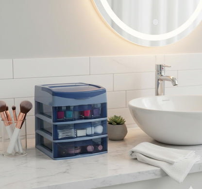 Italhome Cajonera de Plástico Sesia Azul, Mini Organizador de Escritorio Multiusos con 3 Cajones Transparentes