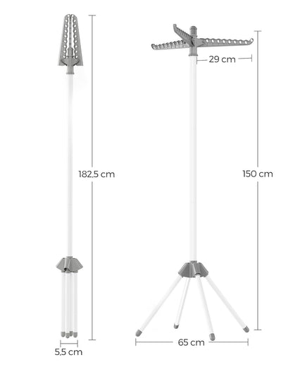 SONGMICS Tendedero de Ropa, Plegable, 3 Brazos Giratorios, Alto 150 cm | Tendedero para Perchas, de Interior, de 4 Patas, Blanco Mate y Gris, Colección BUNJI MLLR510G01