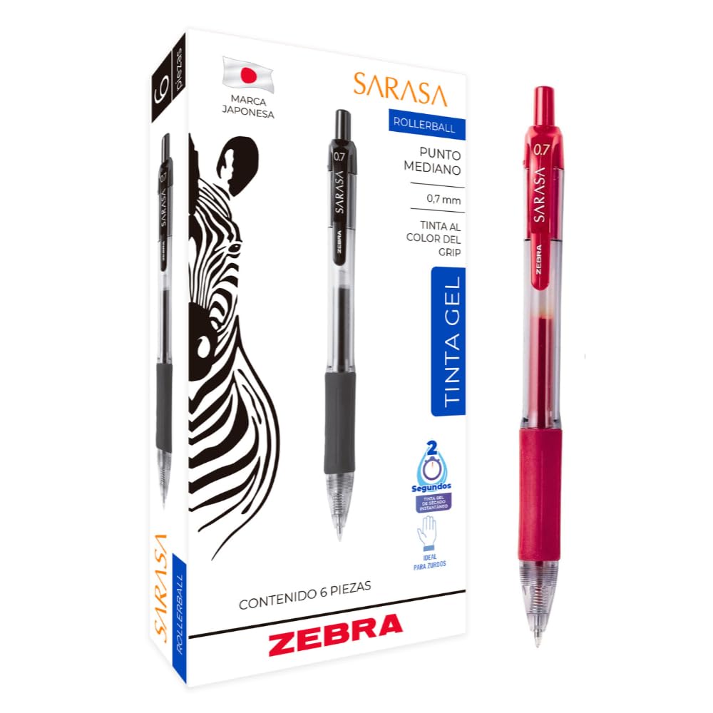 Zebra Bolígrafo Sarasa Punto 0.7 mm Tinta Gel Secado Rápido Caja 6 Piezas (Rojo)