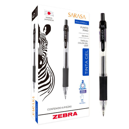 Bolígrafo retráctil Zebra Sarasa punto 0.5 mm tinta gel, caja de 6 - Negro