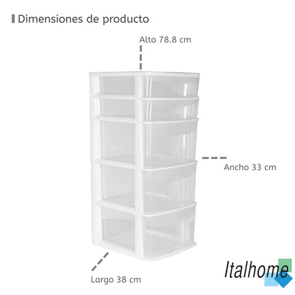 Italhome Cajonera FOX 5 de Plástico 5 Cajones Transparentes, Organizador Multiusos para Hogar y Oficina, Mueble Resistente Fácil Armado, Color Blanco