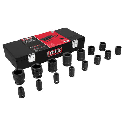 Urrea Dado de Impacto Cuadro 1/2 Pulgada, 6 Puntas, 1-1/4 y 1-5/16 Pulgadas - 15 piezas + caja