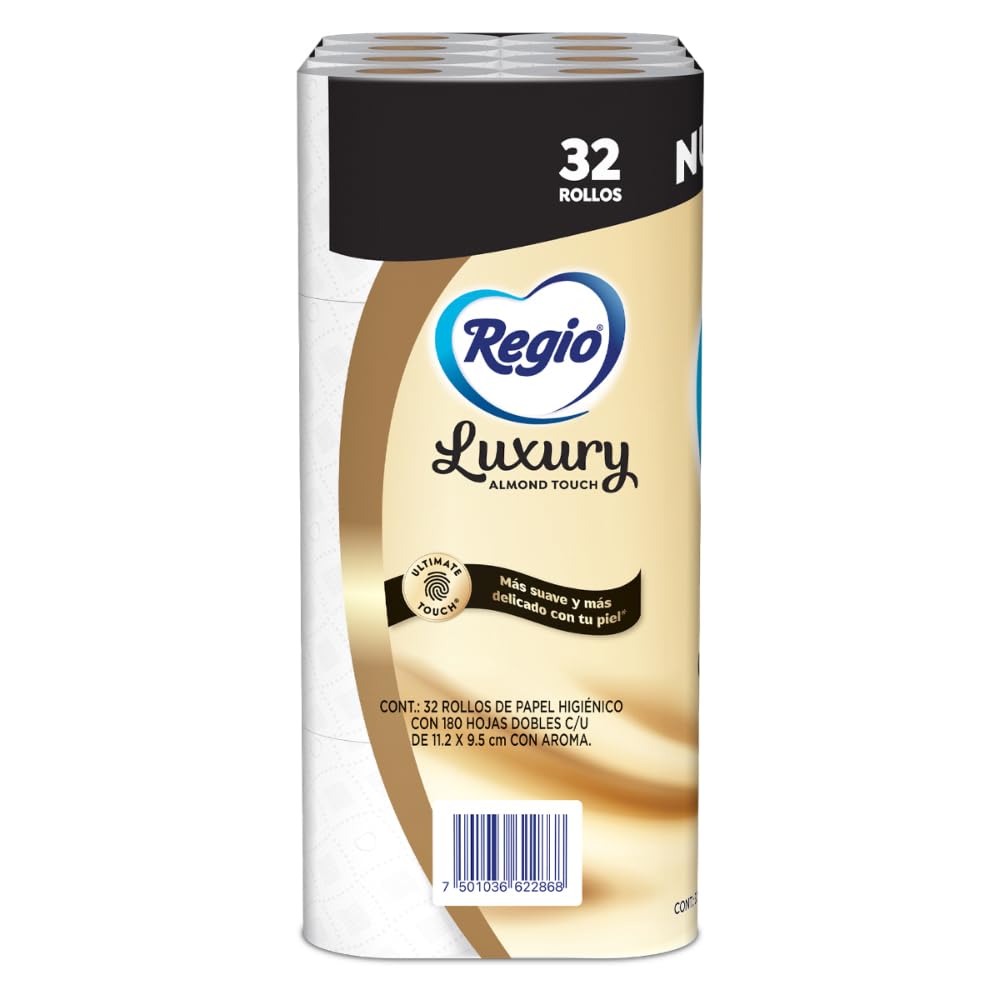 Regio Papel Higiénico Luxury Almond Touch, Ligero Aroma A Almendras Y Hojas Dobles, 32 Rollos