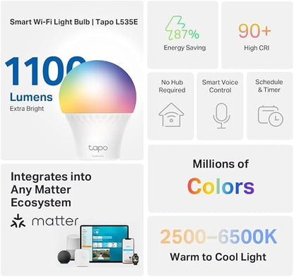 TP-Link Tapo L535E, Focos Inteligentes Wi-Fi, Multicolor, E26, 1055 lumens, Regulables, Control Remoto de APP y Control de Voz, Compatibles con Alexa y Google Home, No requiere concentrador