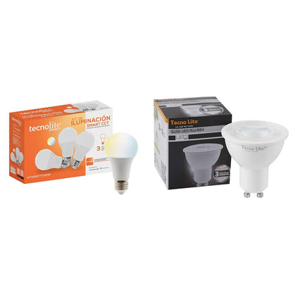 Kit de 3 focos LED Inteligentes,Tecnolite KIT GLOW SMART, CCT Atenuble, Base E27, WiFi, Compatibles con Tecnolite Connect App Compatible con Alexa + FOCO LED GU10, Blanco GU10-LED/3W/65H